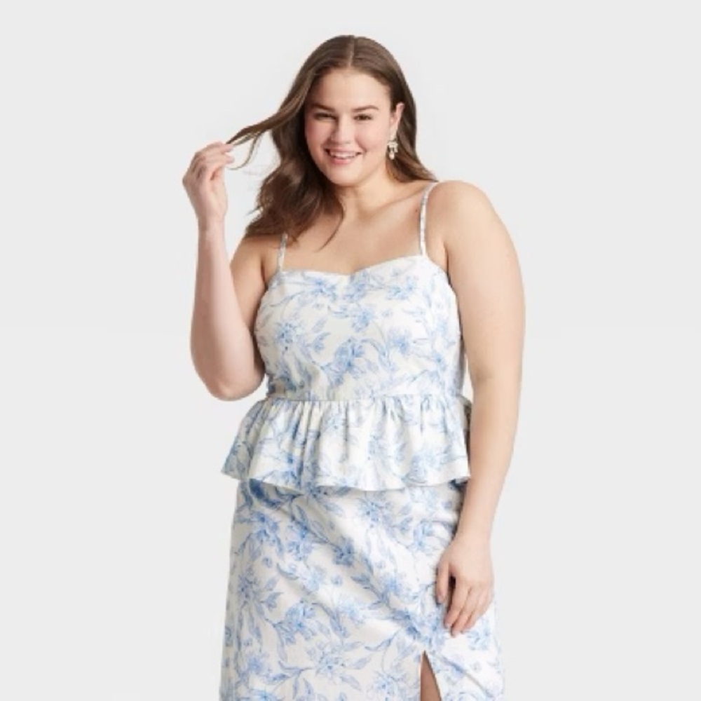 A New Day Cream/Blue Floral Peplum Tank Top